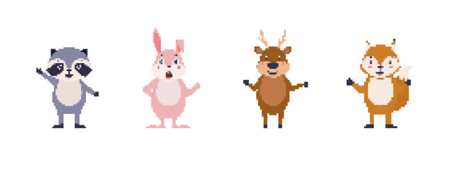 Fototapeta premium Pixel art shows raccoon, rabbit, deer, and squirrel. each holds a device adding digital charm.