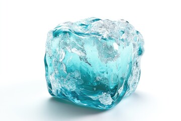 Fototapeta premium A large, translucent, light blue ice cube with a rough, textured surface.