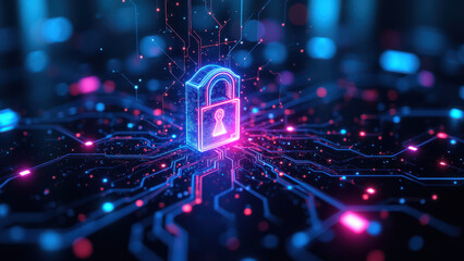 "Cybersecurity concept with glowing lines forming a digital lock."