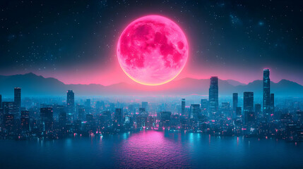 Fototapeta premium Pink Moon Over Neon Cityscape
