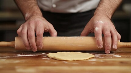A close-up of an Italian chef's hands rolling out fresh pasta dough with a rolling pin on a wooden surface.