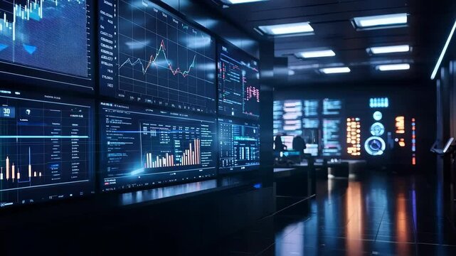 A modern control room is filled with large screens displaying various data analytics and financial graphs, while analysts observe and work on strategies. The atmosphere is energetic and high-tech