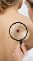 Dermatologist examining mole on woman's back with magnifying glass in clinic. Skin cancer prevention, melanoma awareness, dermatology concept. Ideal for healthcare, medical, and skincare topics