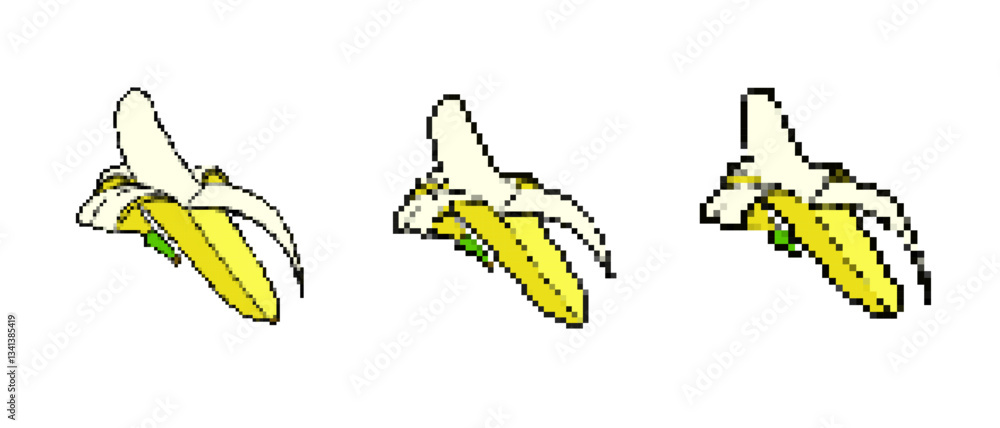 Poster three bananas shown in pixel style. each banana is partially peeled, creating an artistic effect.