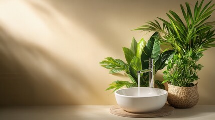 A modern bathroom sink with flowing water is elegantly surrounded by lush green tropical plants bathed in sunlight against a beige wall creating a serene spa-like atmosphere.