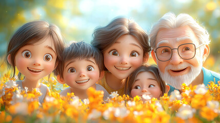 A cheerful cartoon family, including grandparents and grandchildren, smiles in a sunny flower field.