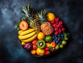 Mixed colorful fruit platter, dark background, healthy eating
