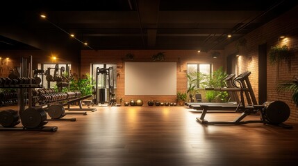 Fototapeta premium A modern, well-equipped gym with exposed brick walls features weight machines, treadmills, dumbbells, and a large blank screen perfect for fitness class presentations or ing.