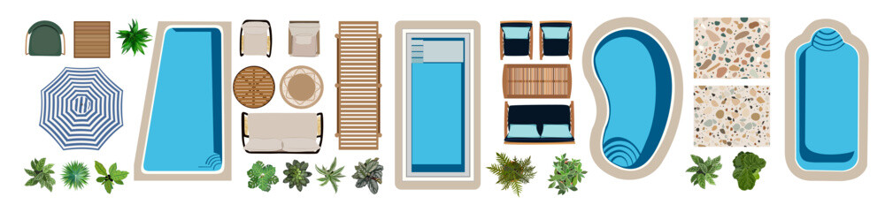 Outdoor top view icons for landscape design plan. Sofas, armchairs, table, plants, sunbed, swimming pools, umbrella, terrazzo floor pattern for garden, back yard, resort. Vector illustration isolated. © Creative_Juice_Art