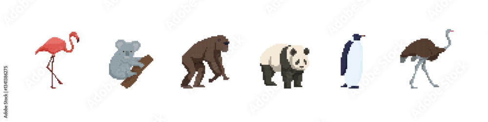 Poster collection of pixel art animals showing unique features and distinct characteristics in minimalist f