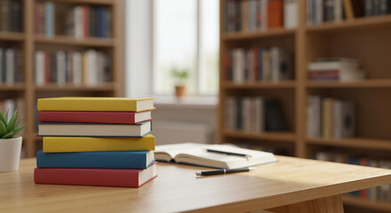 Stack of colorful books on a wooden table in a library, representing education and study