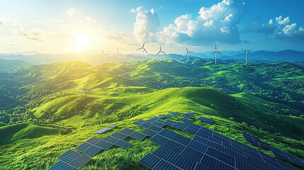 A vibrant landscape shows green hills with solar panels and distant wind turbines generating clean energy.