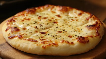 A close-up of a freshly baked Neapolitan pizza with the cheese slightly browned and the edges crispy from the wood-fired oven.