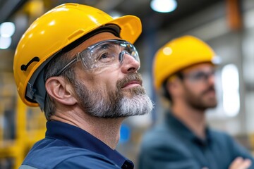 A focused professional in a yellow hard hat and safety goggles gazes upward, representing safety and diligence in a modern industrial environment while promoting a responsible working culture.