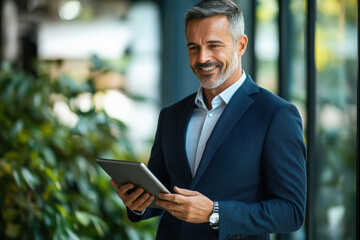 Fototapeta premium Happy middle aged business man ceo wearing suit standing in office using digital tablet.