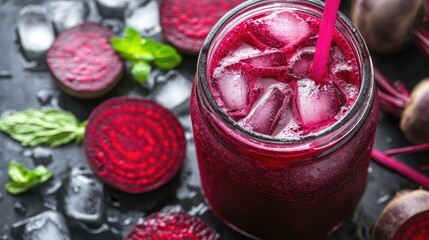 A close-up of a glass of beetroot juice with fresh beetroot slices, served with ice cubes and a straw in a mason jar.