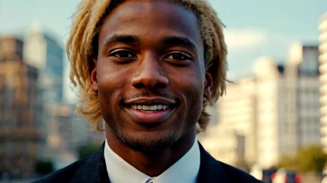 Close-up portrait of a smiling young Black businessman with blonde dreadlocks in a city