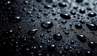 Multiple water droplets of varying sizes on a dark - colored surface, with some droplets reflecting light, creating a high - contrast, detailed and macro - style image.