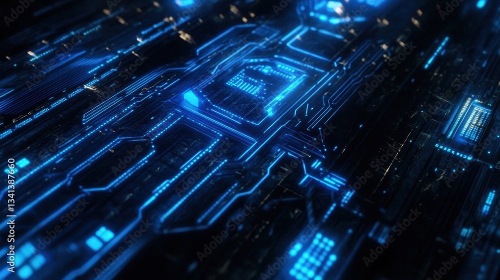 Aufkleber futuristic digital technology background with glowing blue circuit lines and a deep space effect.