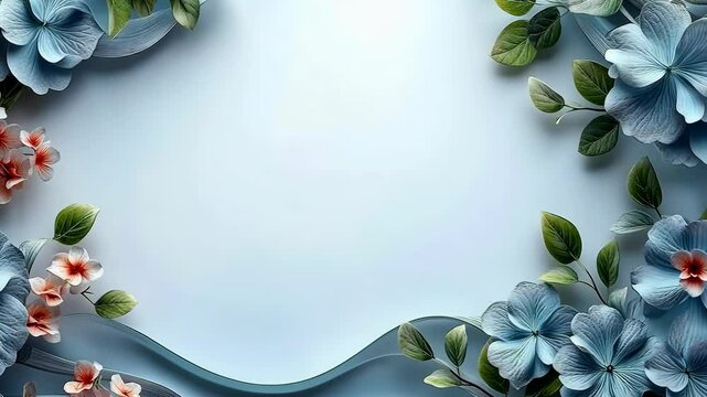Serene Blue Floral Frame: A Pastel Paradise of Paper Flowers and Delicate Leaves