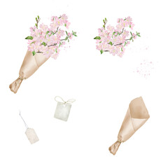Set of craft paper bouquet and pink flowers and spring blooming twigs. Watercolor digital illustration. Cute gift and paper tags for romantic message isolated on white background. Greeting card, gift