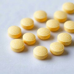 Obraz premium Close-up of round yellow vitamin pills on a white table.