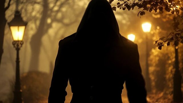 A man in a hooded jacket walks down a path in the forest. Smooth repeating motion for background video animation.