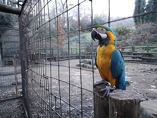 Parrot perched in zoo enclosure, background trees