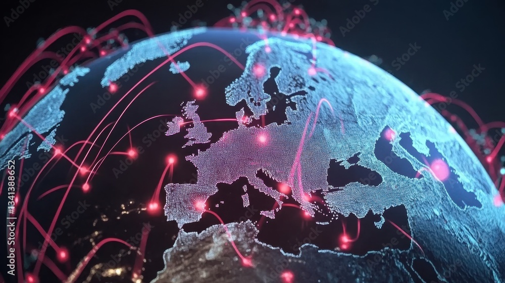 Poster global connectivity and digital communication technology background with glowing earth networks.