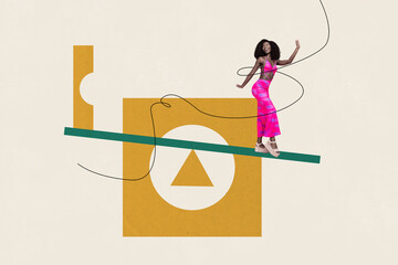 Exclusive sketch collage of happy american girl stand scale arrow pointer up progress concept...