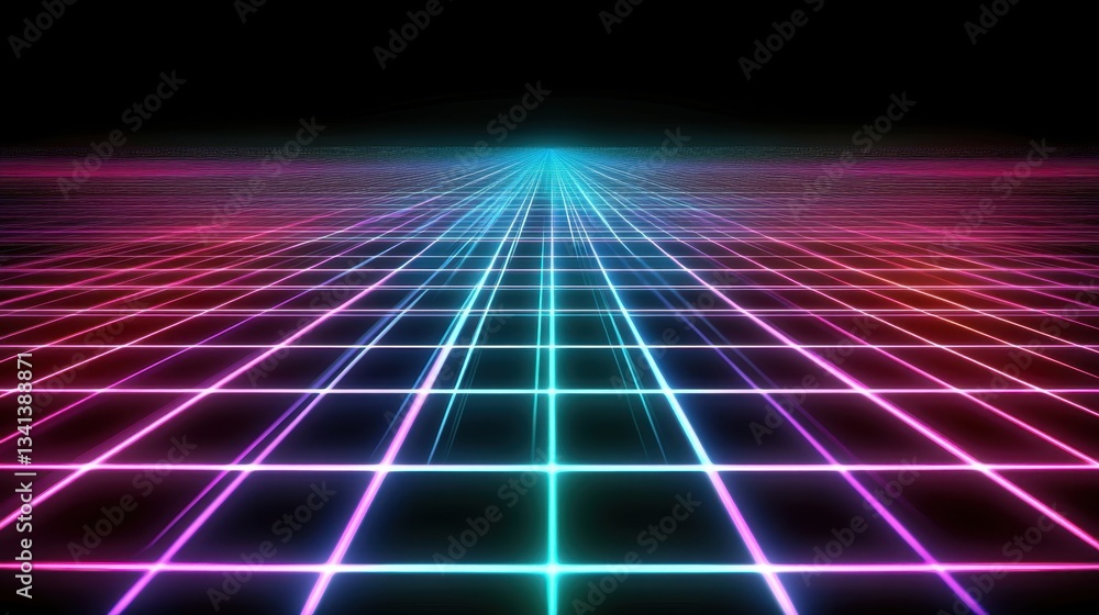 Poster glowing d grid with futuristic holographic interface and neon digital elements.