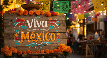 "Viva Mexico" Wooden Sign with Marigolds, Day of the Dead Celebration, Mexican Culture and Festivities