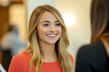 Obraz premium Smiling young woman engaging in conversation at a professional event