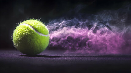 Dynamic tennis ball impact with vivid chromatic ethereal particle trail on dark backdrop