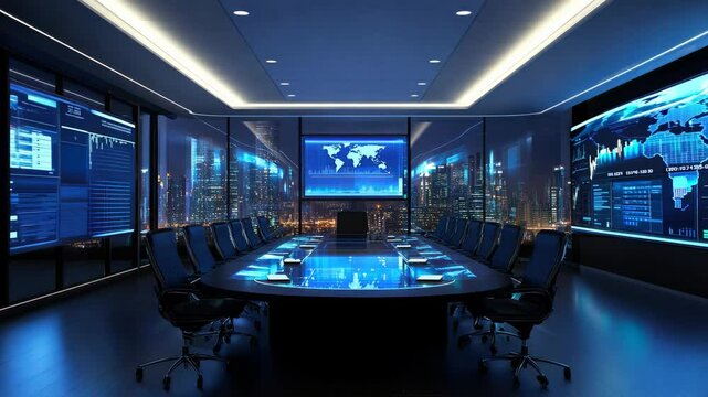 A sleek conference room showcases advanced technology with multiple screens displaying data and graphs. The large windows offer a stunning city skyline view at night