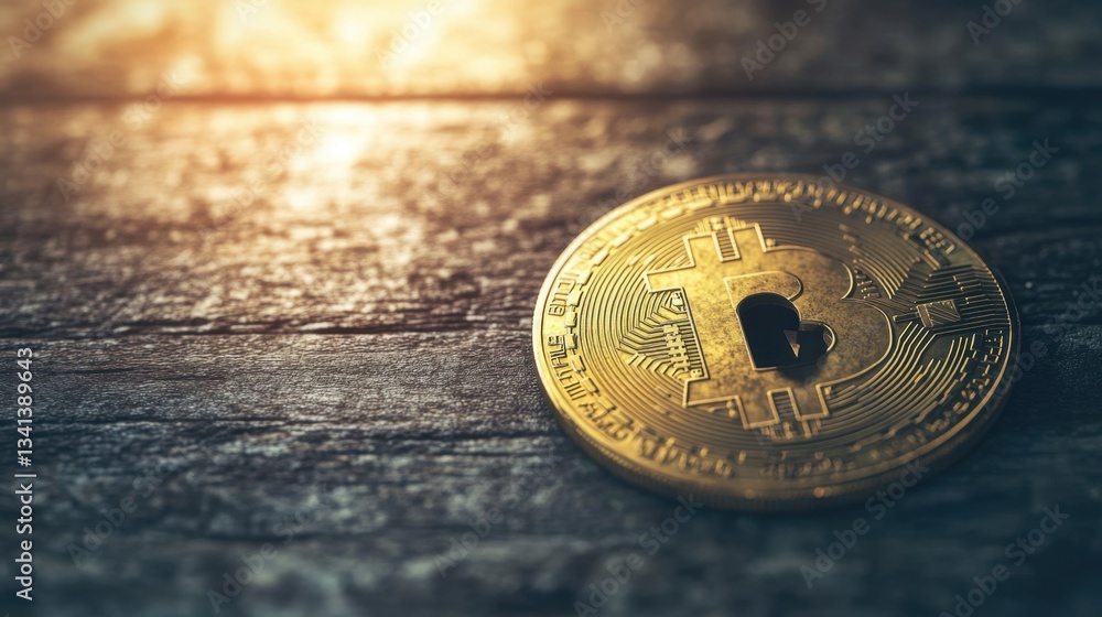 Poster golden bitcoin with a keyhole, representing secure crypto transactions.