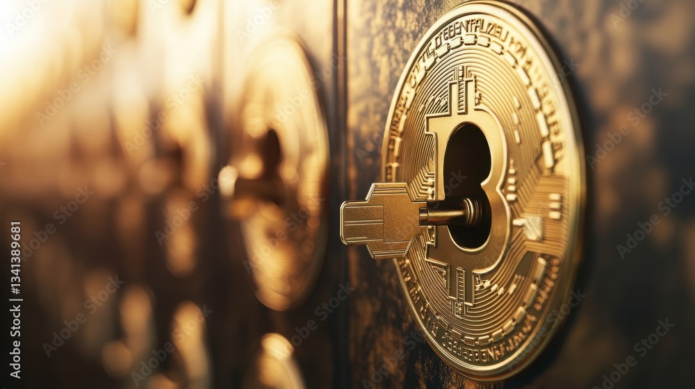 Poster golden bitcoin with a keyhole, representing secure crypto transactions.
