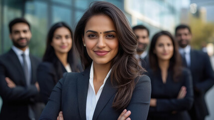 indian businesswoman standing confidently with staff on background