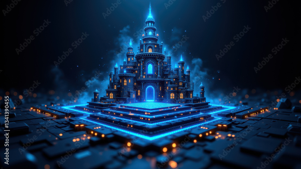 Poster an artistic representation of a fortified castle, with elements of cybersecurity and kubernetes, set