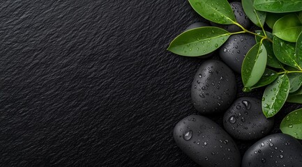 Wet black stones with green leaves and water droplets