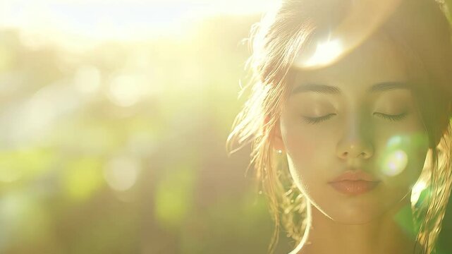 A serene moment features a young woman with closed eyes, exuding calm as sunlight filters through vibrant leaves. The ambiance showcases nature's peaceful beauty