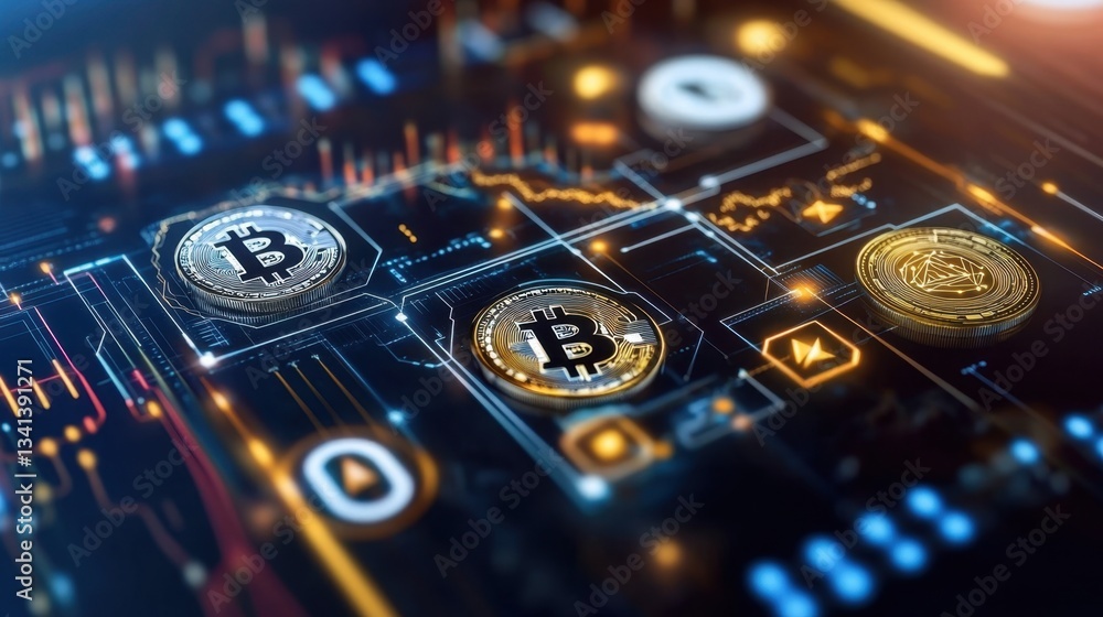 Poster high-tech futuristic digital world map representing global crypto transactions.