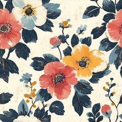Pattern seamless of Vibrant Floral Pattern with Red, Yellow, and Blue Flowers on Soft Cream Background