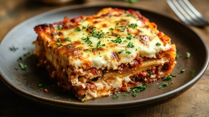 A delicious plate of lasagna al forno, with rich tomato sauce, melted mozzarella, and crispy edges.