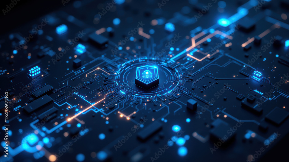 Aufkleber cybersecurity kubernetes cluster with blue neon lights and cryptocurrency mining icon.