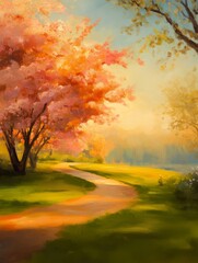 Serene landscape featuring vibrant cherry blossom trees along a winding path, evoking feelings of tranquility and natural beauty, ideal for nature-themed projects.