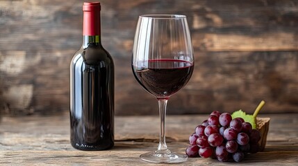 Obraz premium A freshly poured glass of red wine, with a bottle of vintage Italian wine in the background and a rustic wooden table.