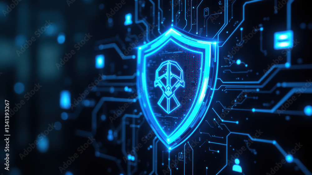 Poster a vibrant digital shield with a futuristic design set against an intricate blue circuit board backgr