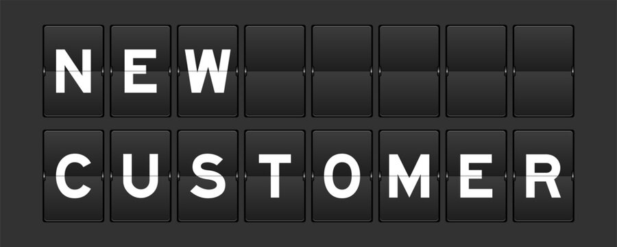 Black color analog flip board with word new customer on gray background