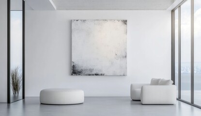 A modern minimalist living space with white furniture and art